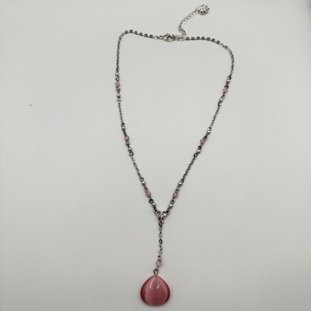VTG Y2K Silver Pink Crystal Iridescent Teardrop Necklace 18 1/2" Prom Homecoming